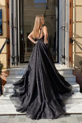 Black Prom Dress V Neck Tulle Long Evening Dress